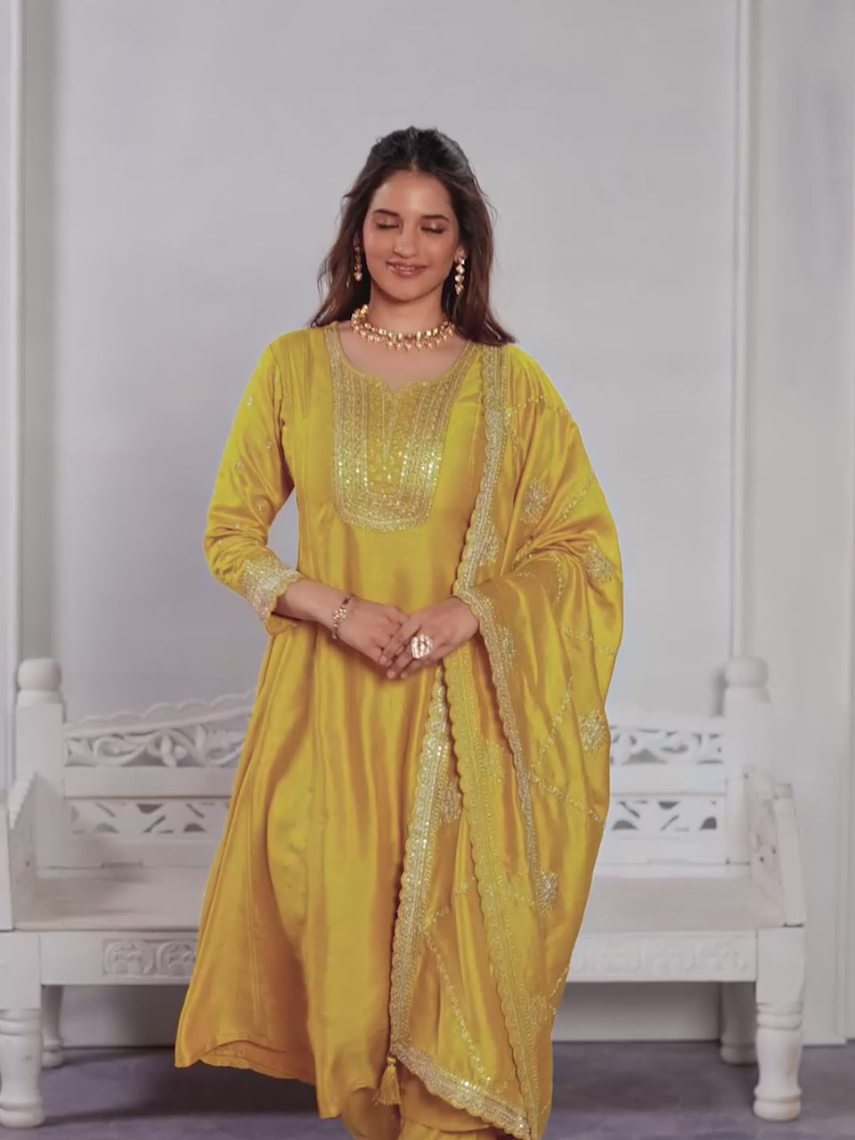 Yellow Embroidery A-Line Kurta With Dyed Trousers And Embroidery Dupatta