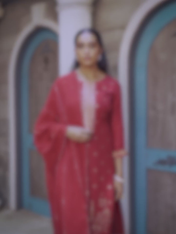 Scarlet Red Rose Exquisite Placement-Weaving Kurta Suit Set