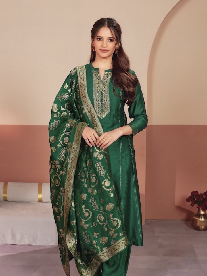 Green Embroidery A-Line Kurta With Palazzo And Jacquaed Dupatta