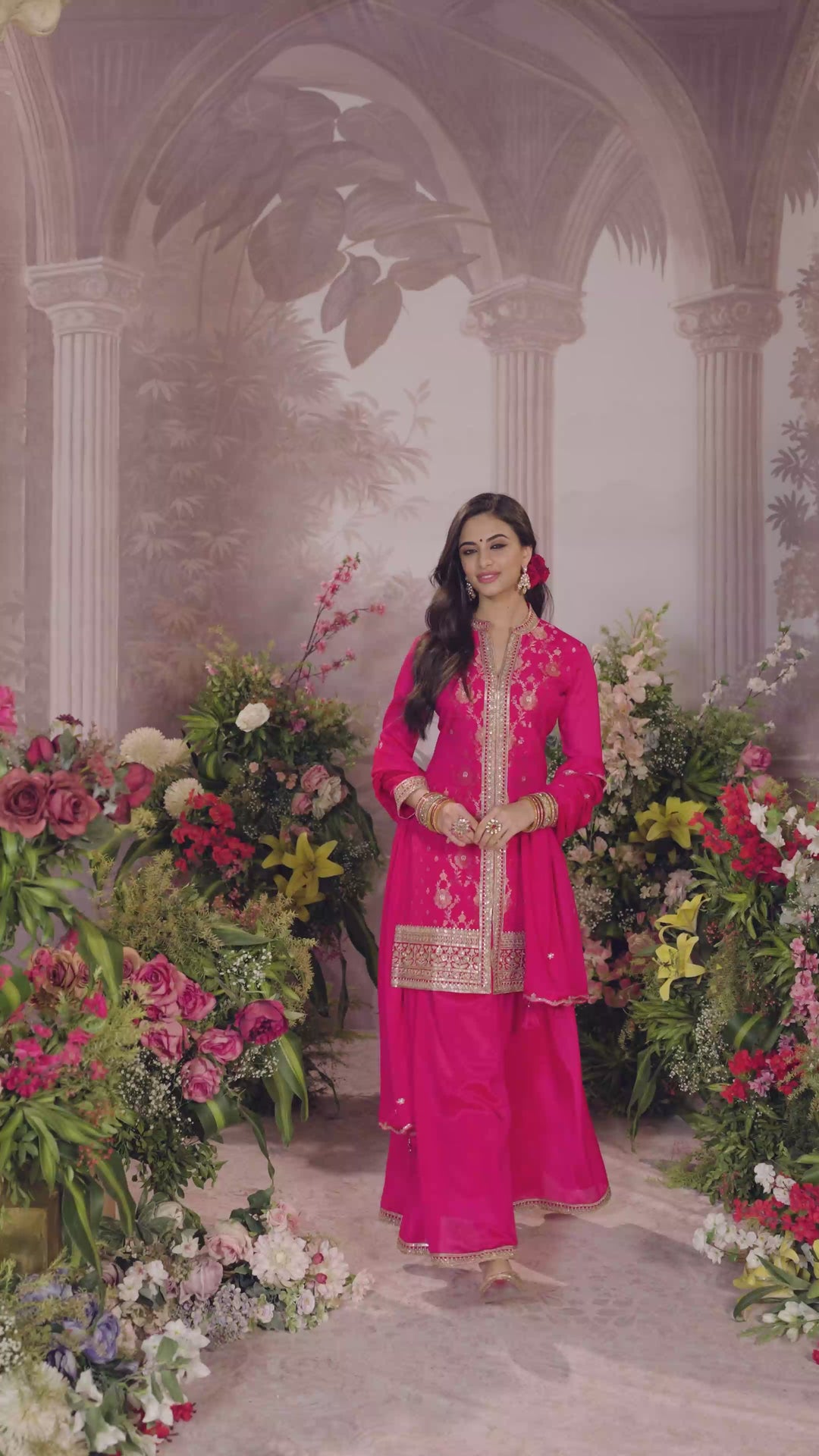 Hot Pink Chinon Kurta Set with Heavy Jacquard Work Paired with Chinon Dupatta with Embroidered Work