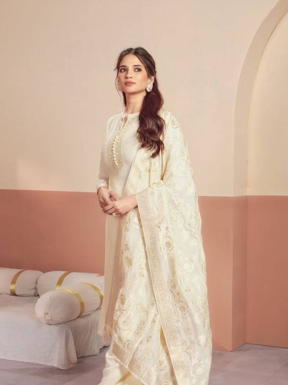 Off-White Embroidery A-Line Kurta With Palazzo And Jacquaed Dupatta