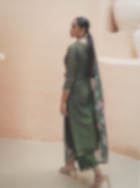 Olive Green Kurta Set in Applique Jacquard with Floral print