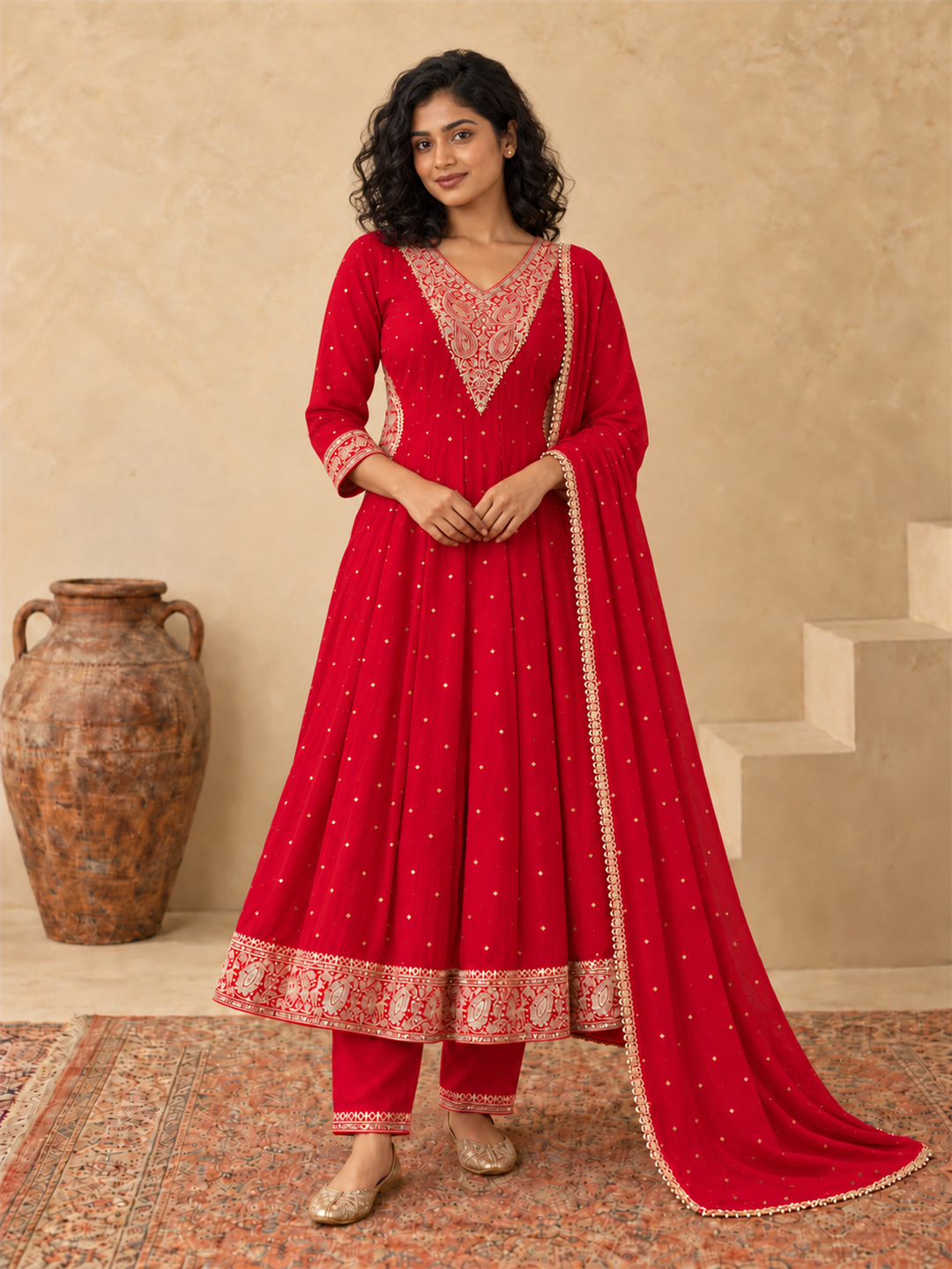 Red Chanderi Silk Golden Embroidered Anarkali Kurta Pant Set with Dupatta
