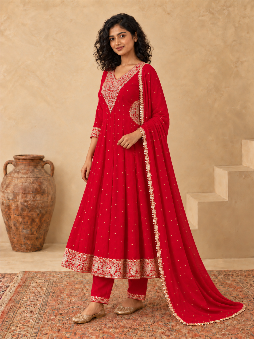 Red Chanderi Silk Golden Embroidered Anarkali Kurta Pant Set with Dupatta