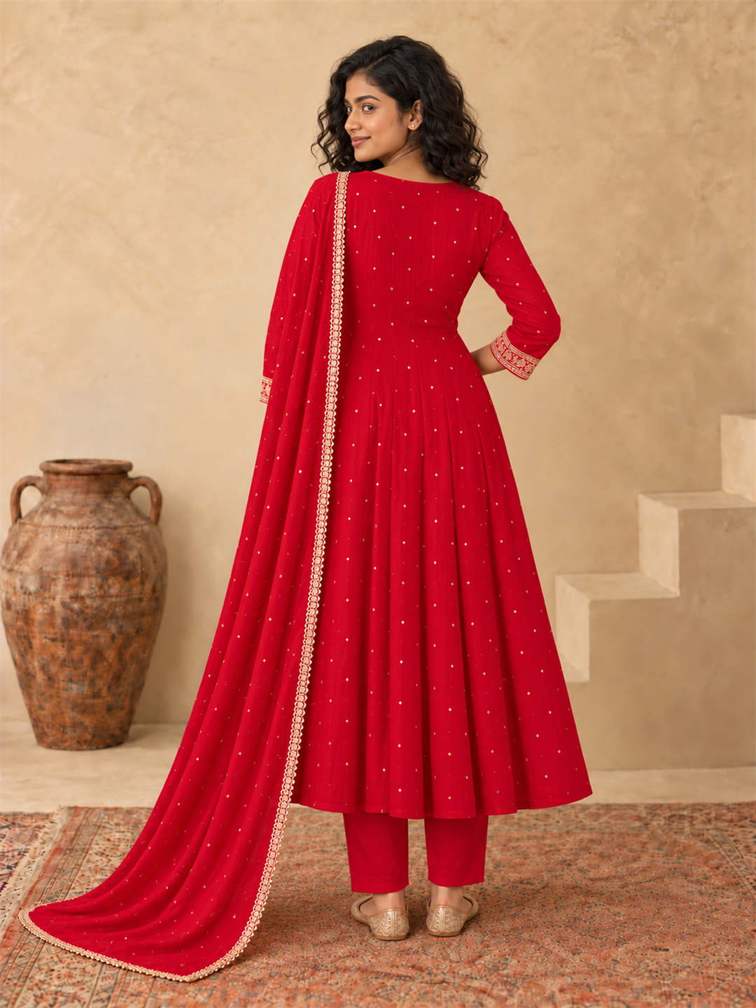 Red Chanderi Silk Golden Embroidered Anarkali Kurta Pant Set with Dupatta