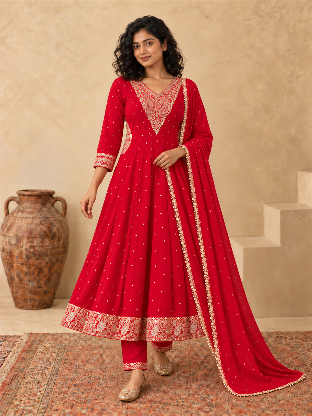 Red Chanderi Silk Golden Embroidered Anarkali Kurta Pant Set with Dupatta