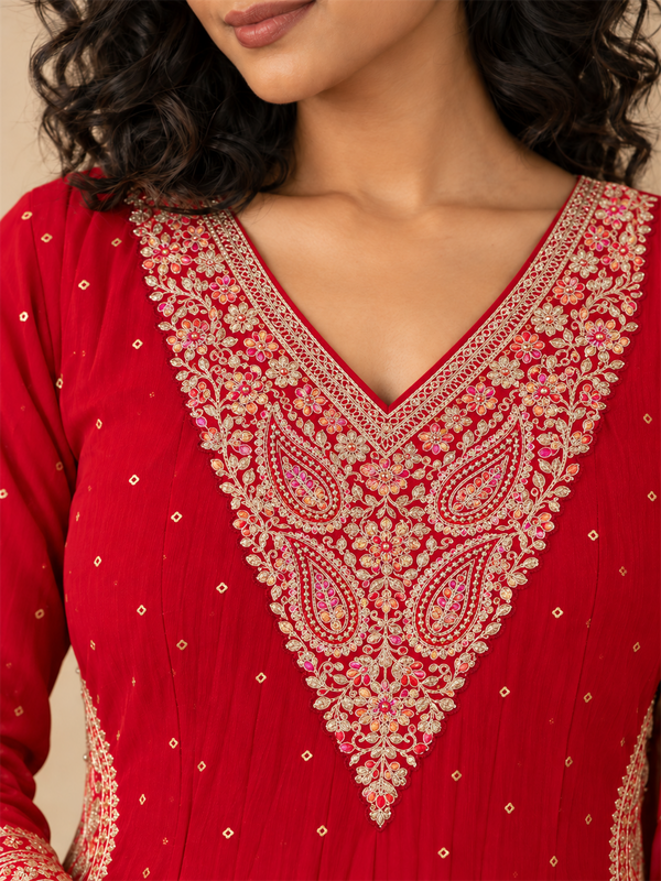 Red Chanderi Silk Golden Embroidered Anarkali Kurta Pant Set with Dupatta