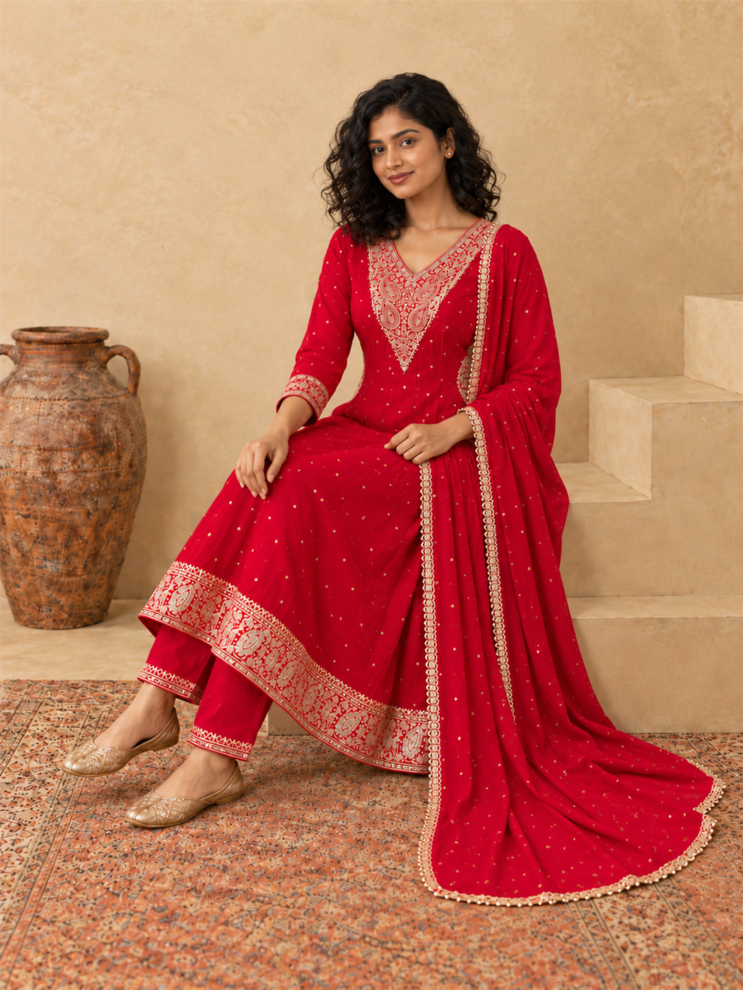 Red Chanderi Silk Golden Embroidered Anarkali Kurta Pant Set with Dupatta