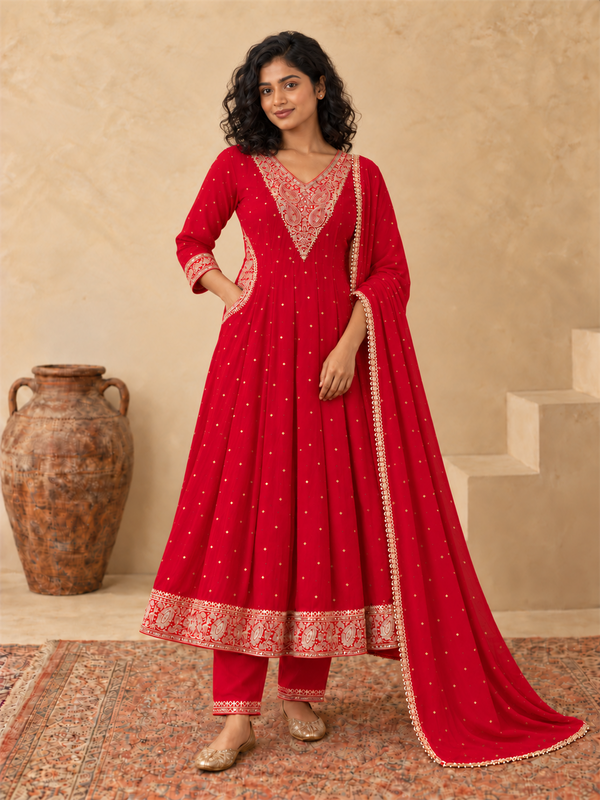 Red Chanderi Silk Golden Embroidered Anarkali Kurta Pant Set with Dupatta