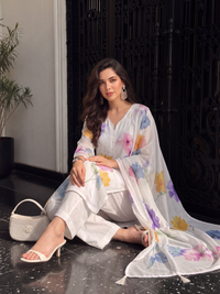 Women's Cream Linen Embellished Kurta with Trouser and Dupatta
