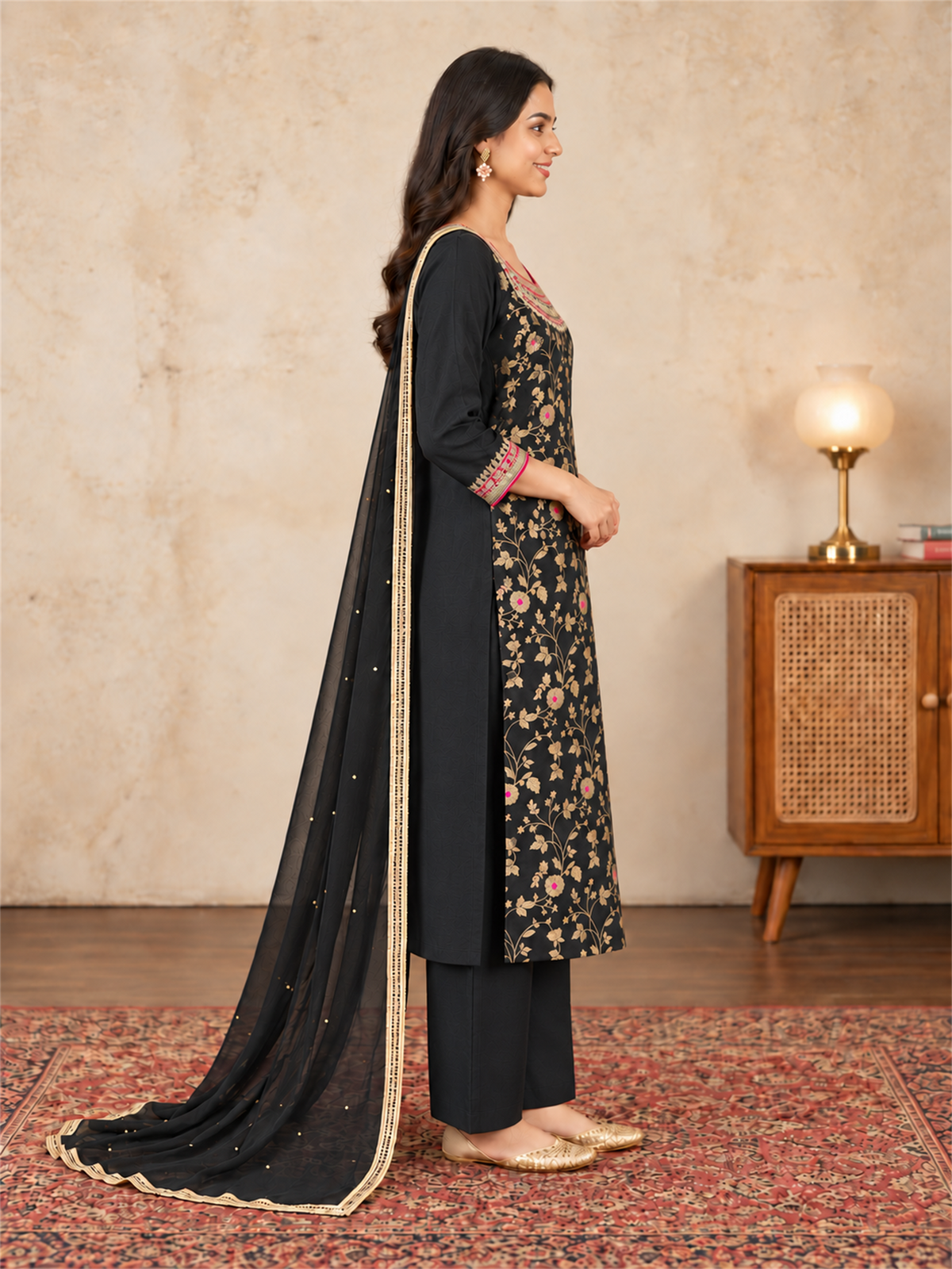 Black & Gold Floral Silk Blend Suit Set with Dupatta