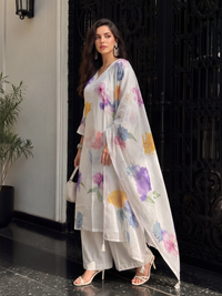 Women's Cream Linen Embellished Kurta with Trouser and Dupatta