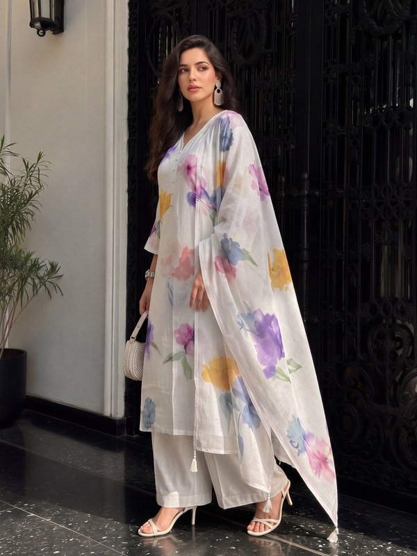 Women's Cream Linen Kurta with Trouser and Dupatta