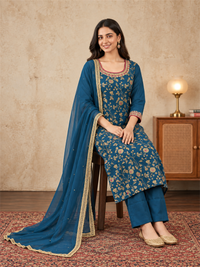 Teal Blue Floral Embroidered Silk Blend Kurta Set with Dupatta