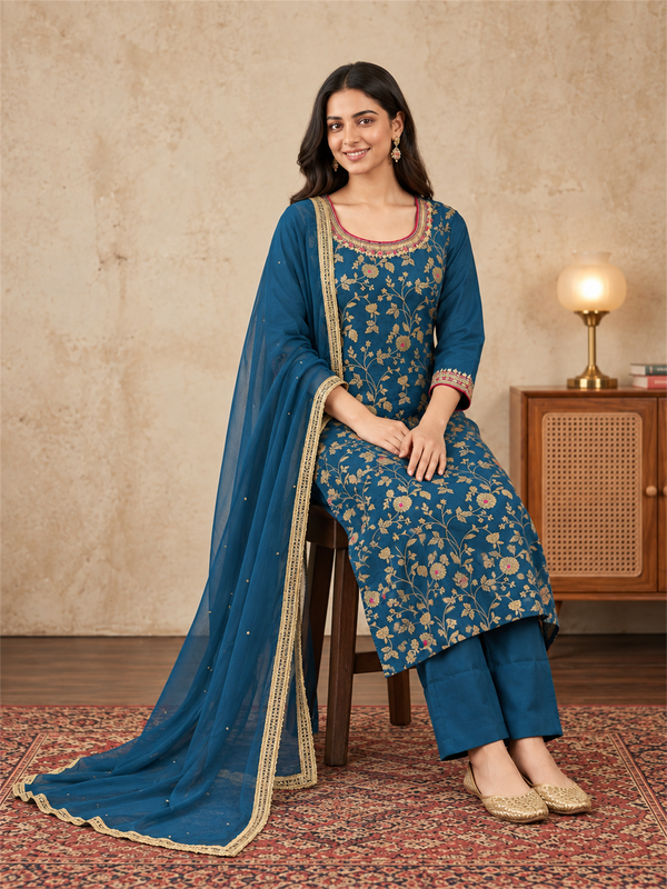 Teal Blue Floral Embroidered Silk Blend Kurta Set with Dupatta