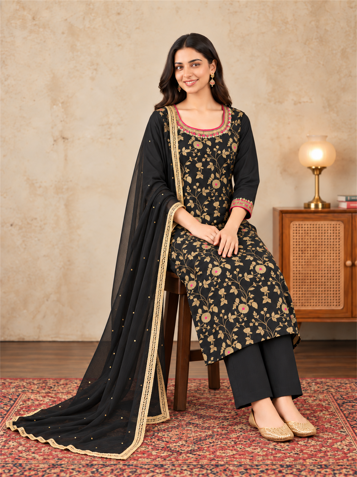 Black & Gold Floral Silk Blend Suit Set with Dupatta
