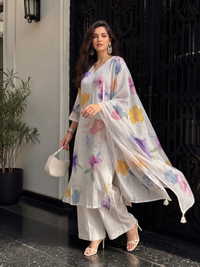 Women's Cream Linen Embellished Kurta with Trouser and Dupatta
