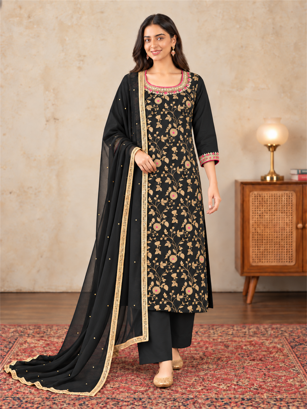 Black & Gold Floral Silk Blend Suit Set with Dupatta