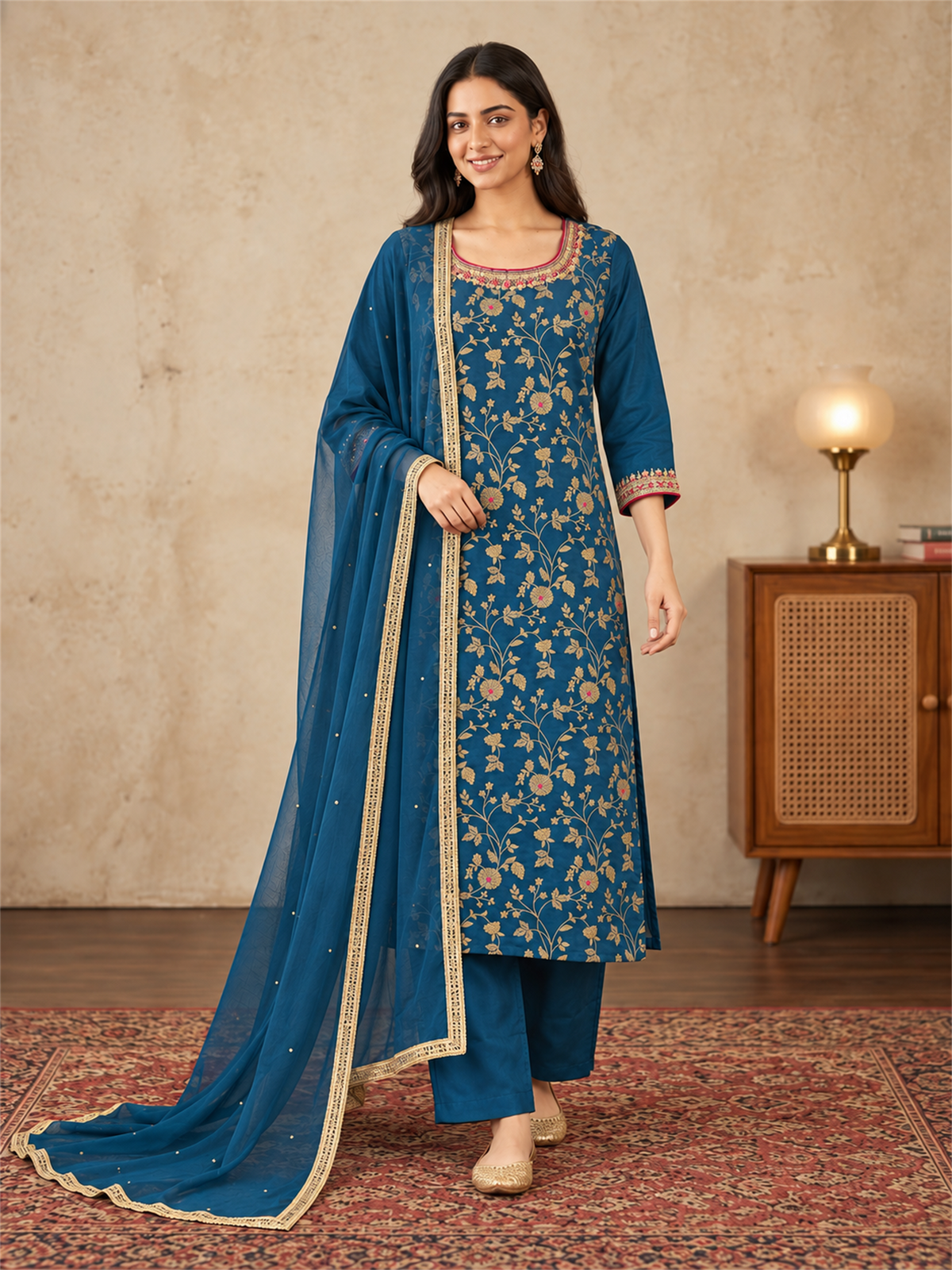 Teal Blue Floral Embroidered Silk Blend Kurta Set with Dupatta