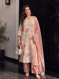 Women's Beige Pink Linen Embellished Kurta with Trouser and Dupatta